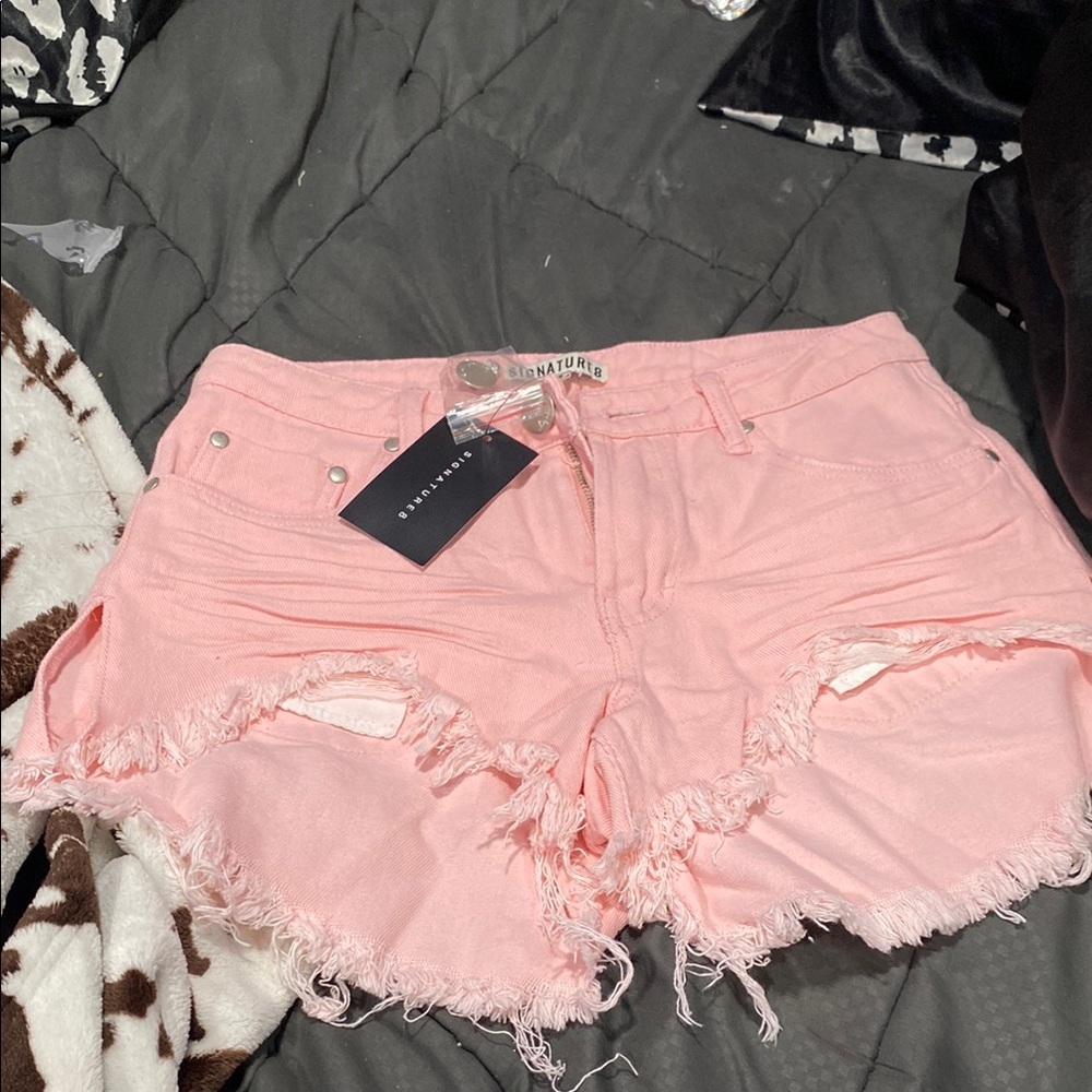 Signature Pink Distressed Jean Shorts